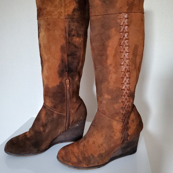 Leather suede wedge tall rodeo Western cowgirl Boot 10 1/2 11 brown black tan - Picture 2 of 13